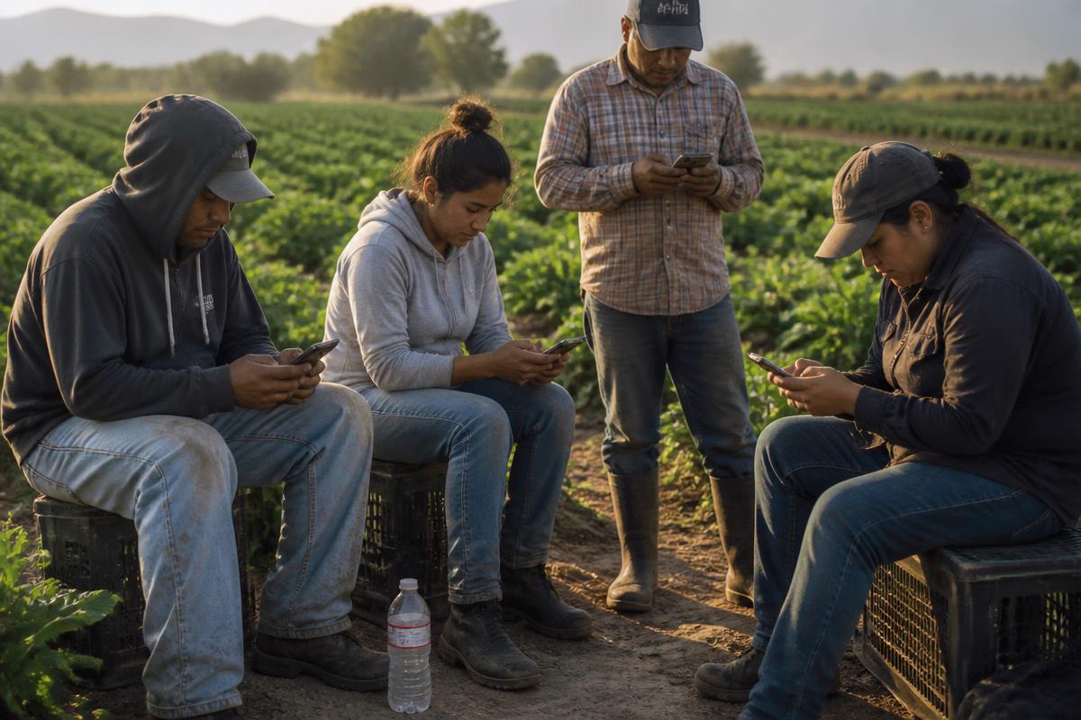 Seasonal farm workers on a break in a field, reading messages on their phones