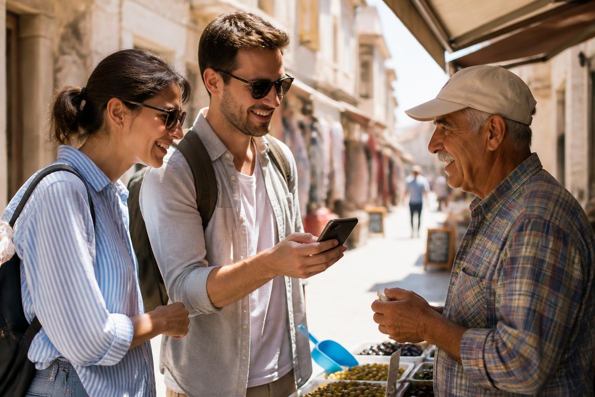 Travellers using a phone to talk with a local market vendor abroad