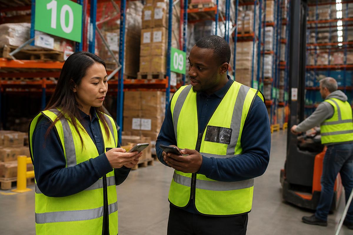Warehouse workers in hi-vis vests checking messages on their phones