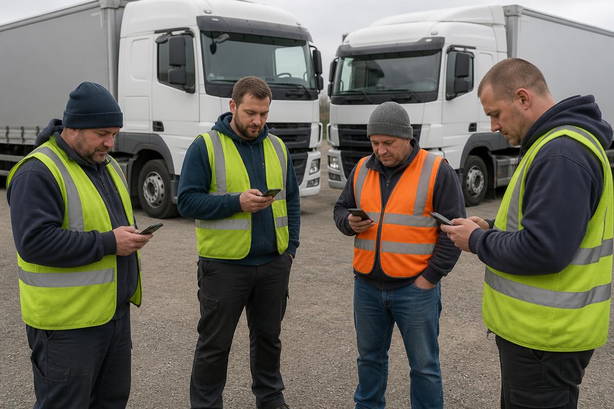 Lorry drivers standing in a circle at a truck stop, texting on their phones